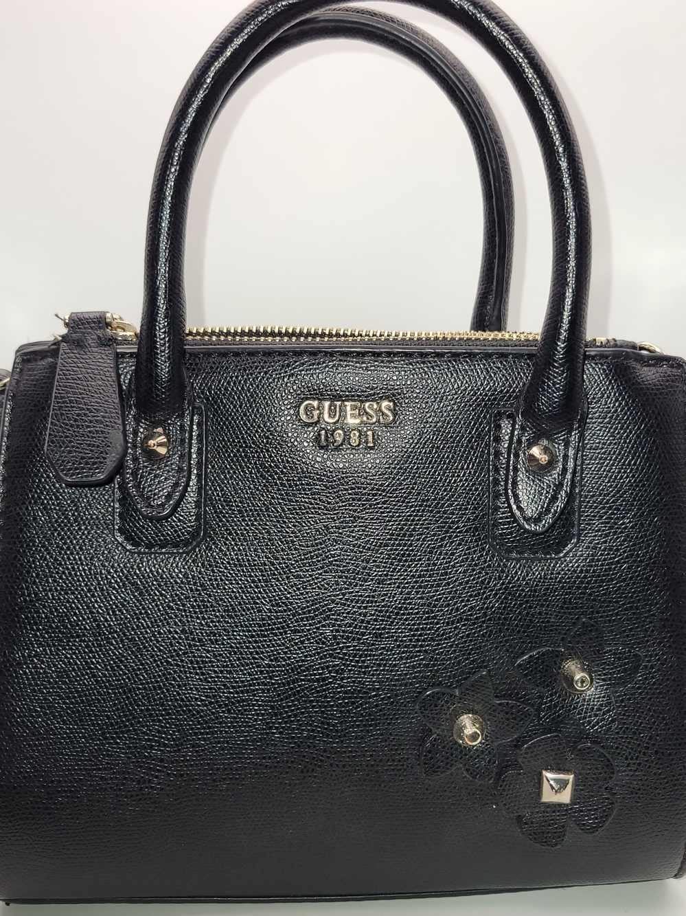 GUESS Black Floral-Accent Leather Satchel with Gold Hardware